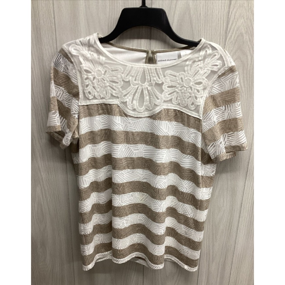 ALFRED DUNNER Women's (Size S) Short Sleeve Embellish Neck Stripe Shirt *Stain*